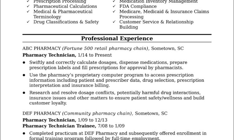 Sample Entry Level Pharmacy Technician Resume