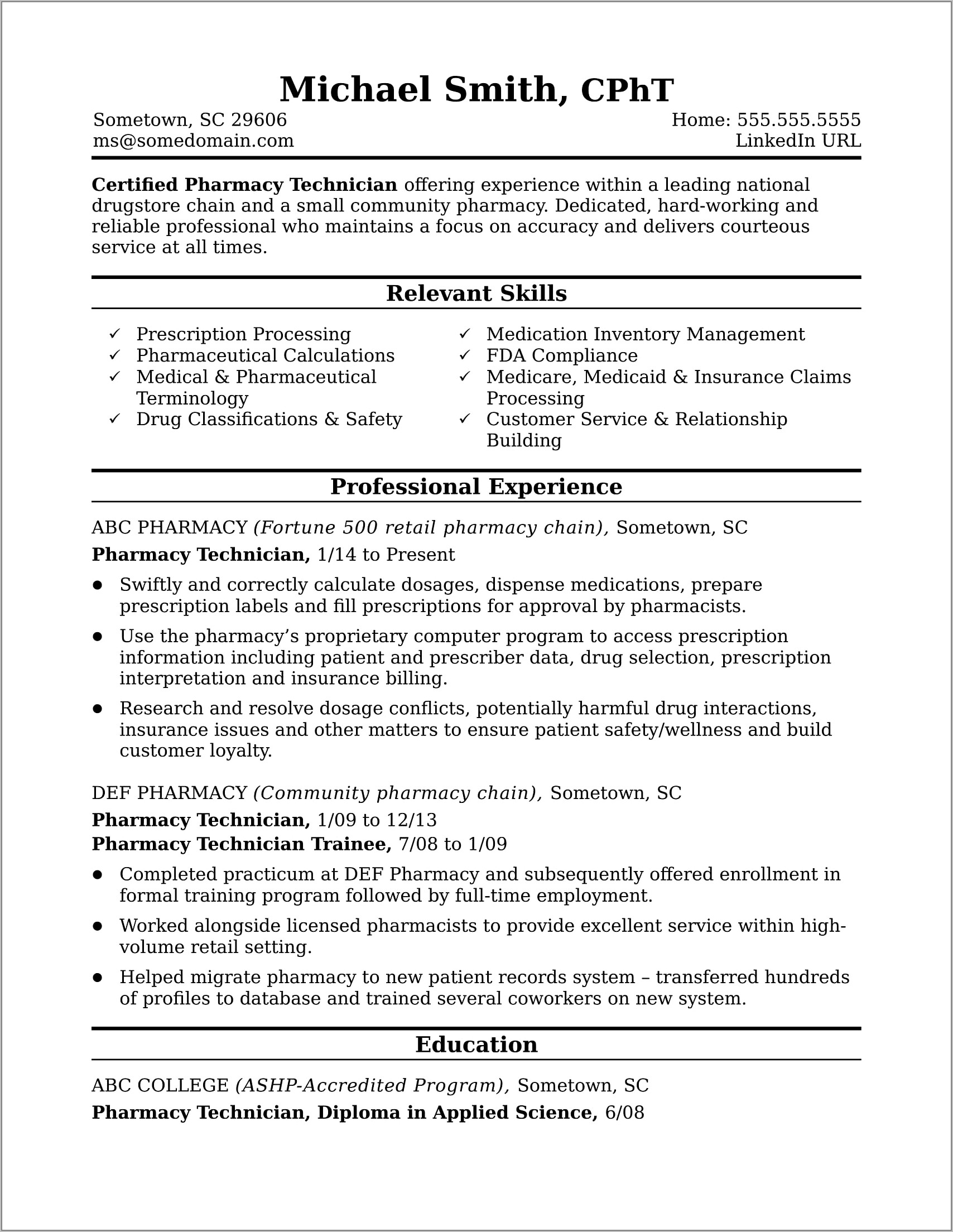 Sample Entry Level Pharmacy Technician Resume