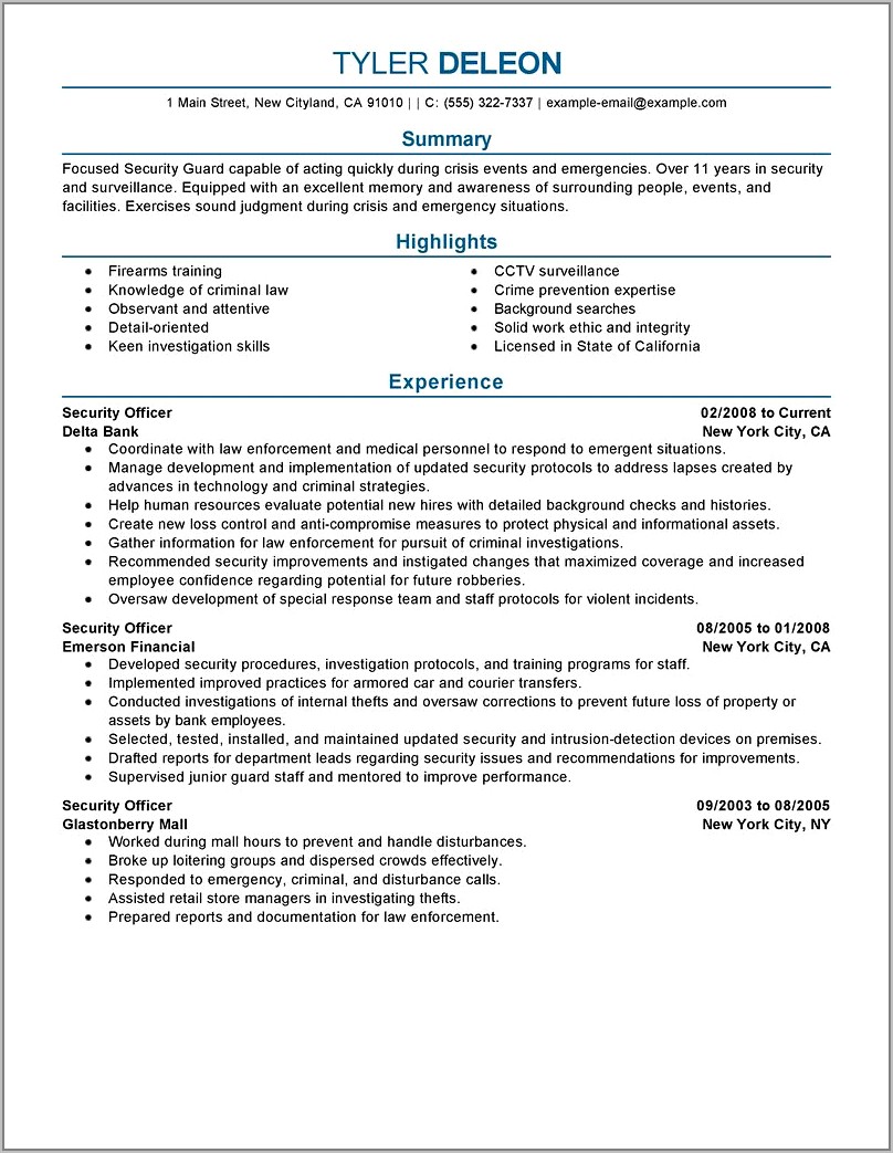 Sample Entry Level Security Guard Resume