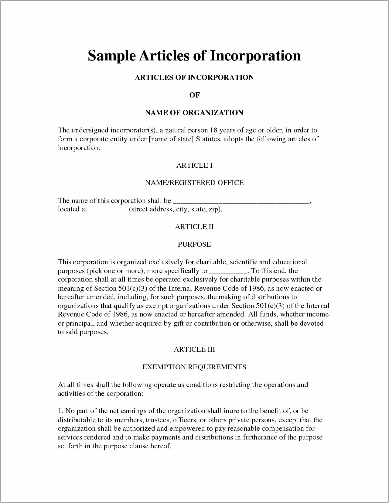 Sample For Articles Of Incorporation