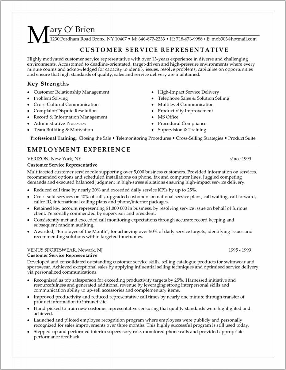 Sample For Customer Service Resume