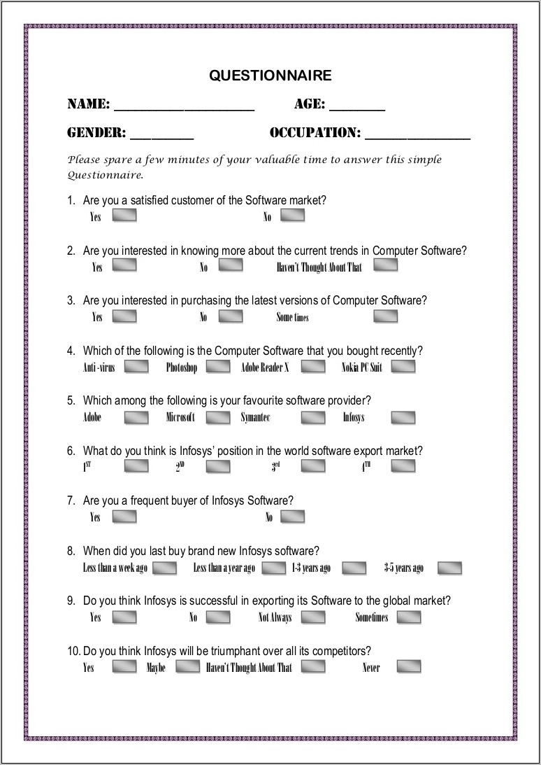 Sample Format For Survey Questionnaire