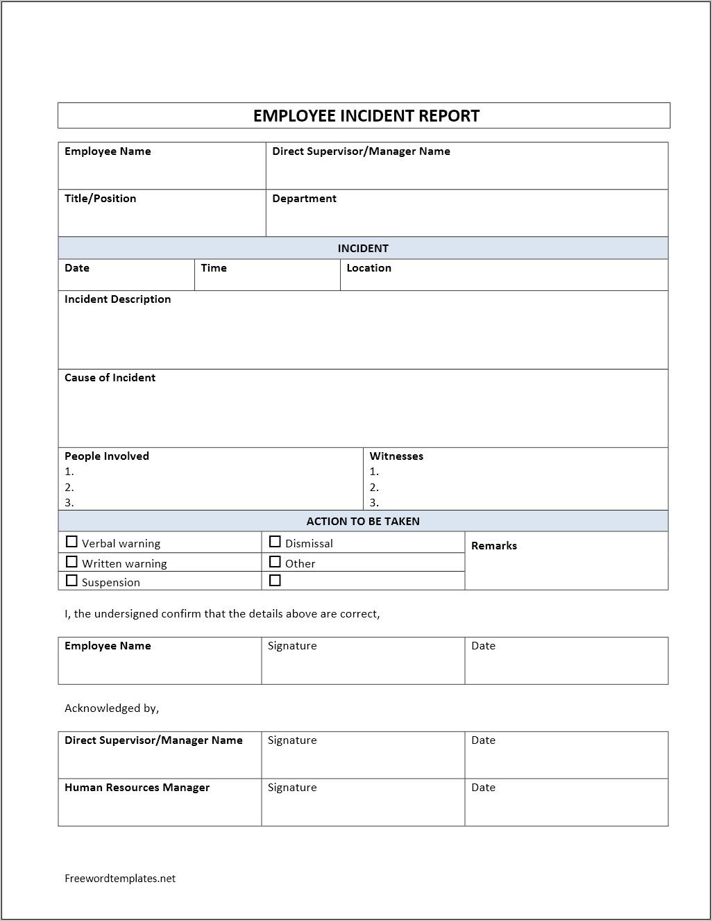 Sample Incident Report Form Word Document