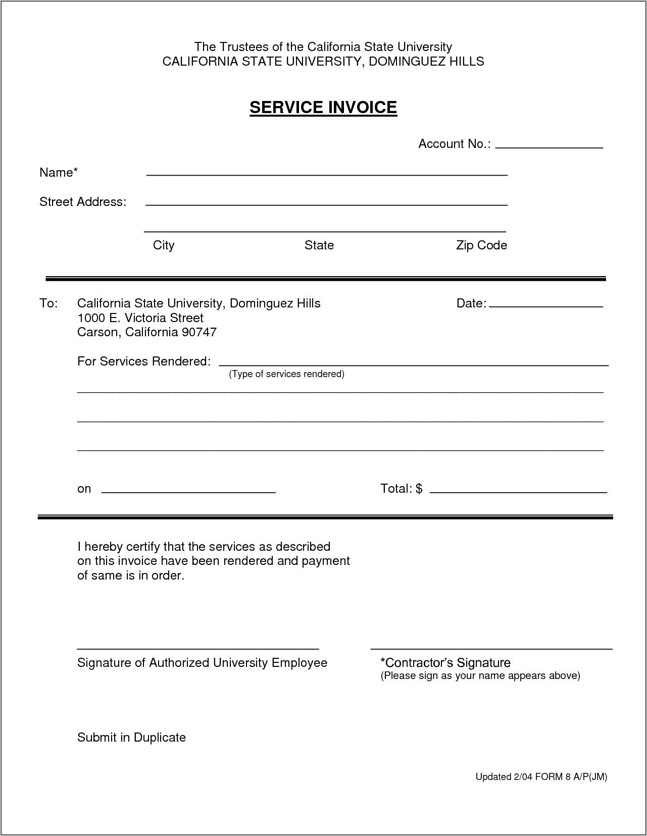 Sample Invoice For Services Rendered
