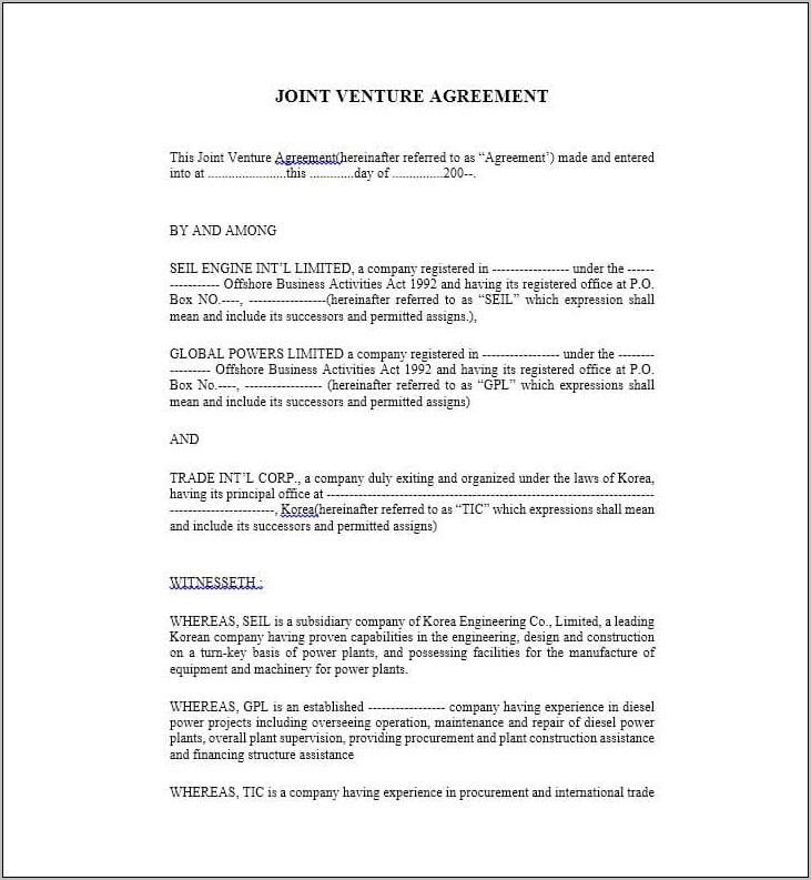 Sample Joint Venture Agreement Template