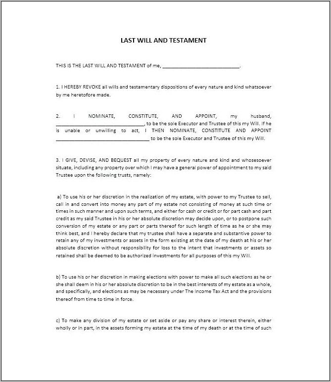 Sample Last Will And Testament Template Texas