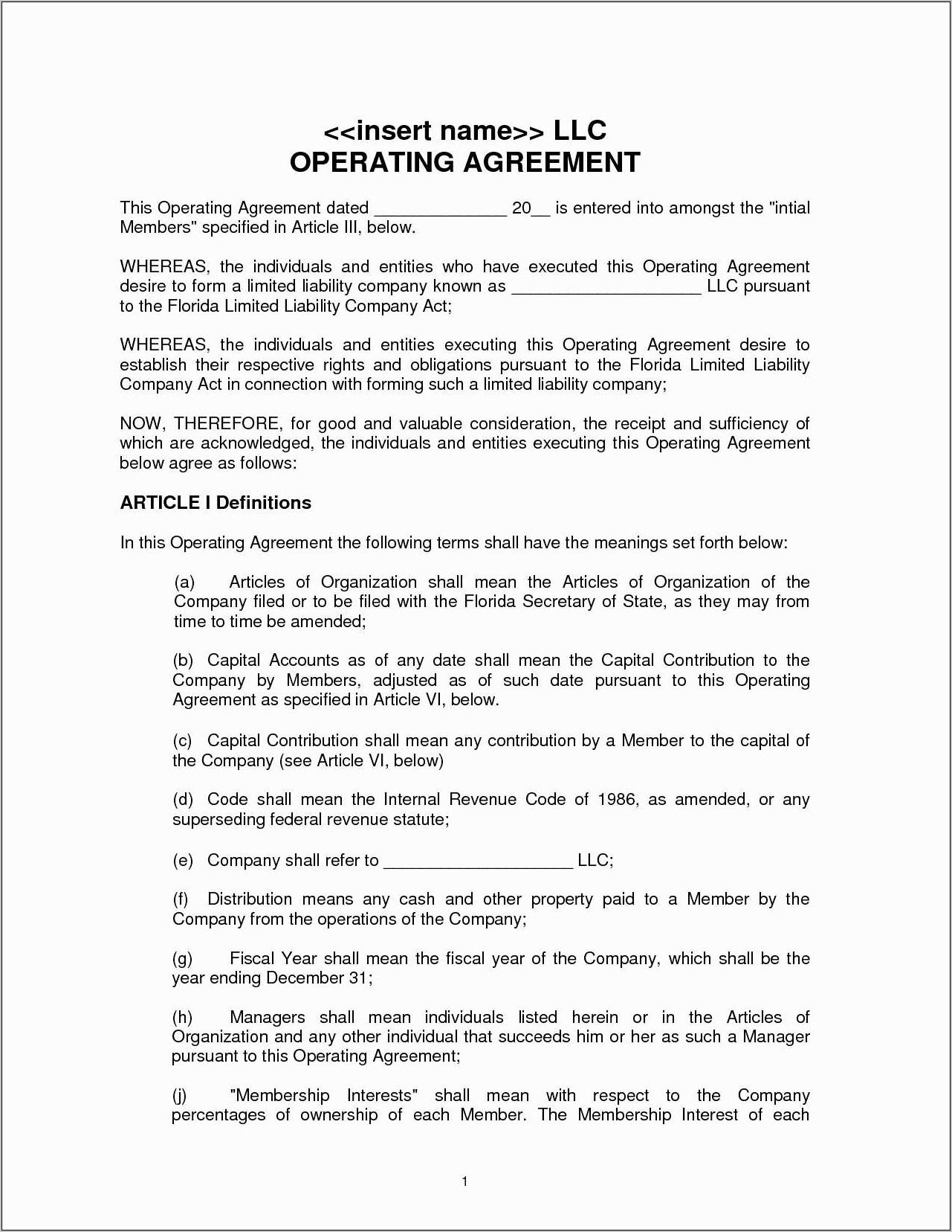 Sample Llc Operating Agreement Florida