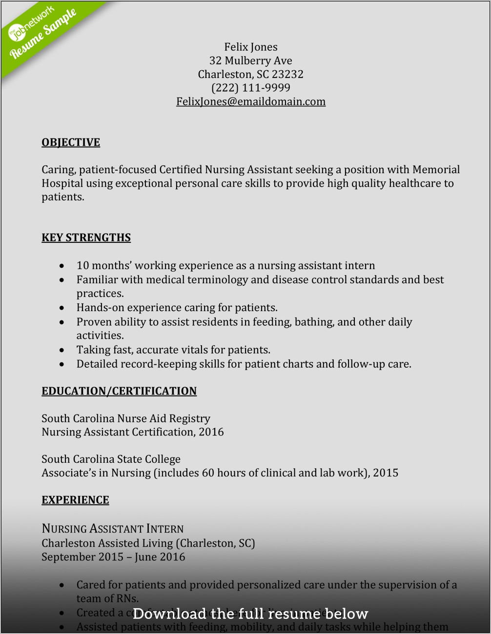 Sample Nursing Assistant Resume Entry Level