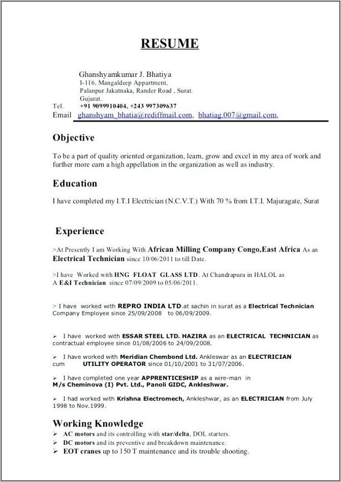 Sample Objective In Resume For Electrical Technician