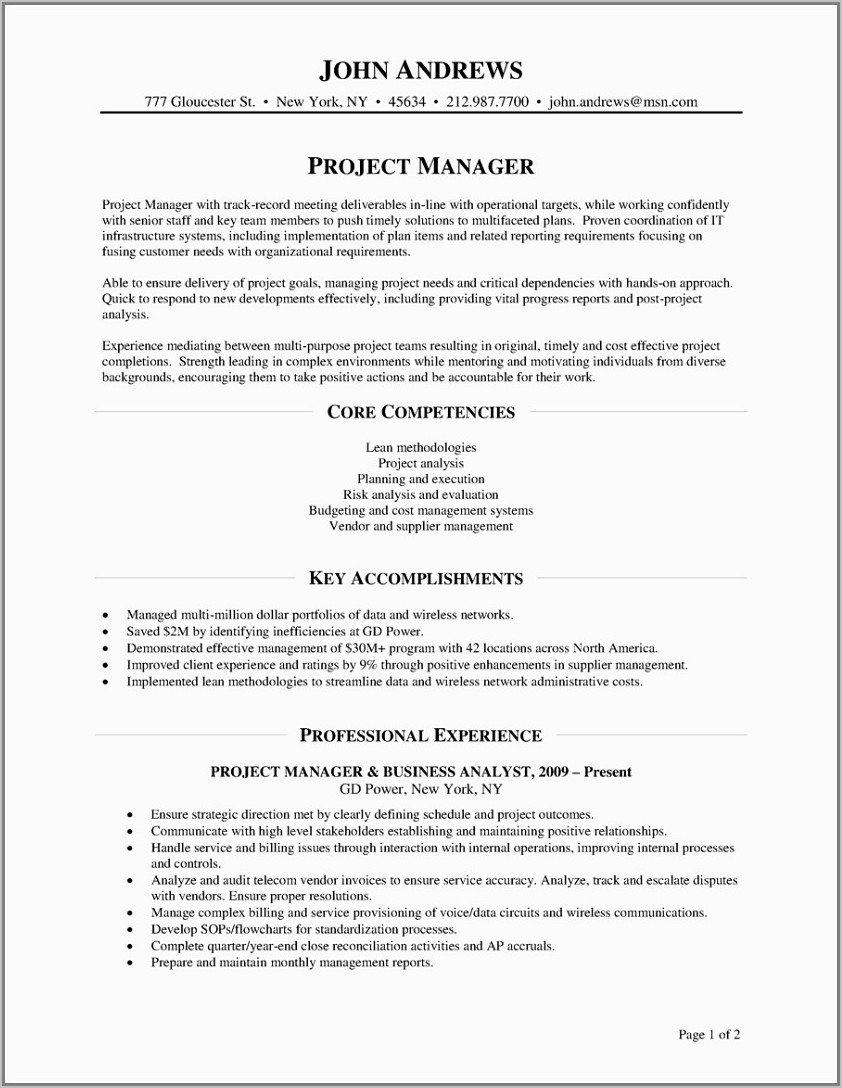Sample Objectives For Resumes Project Management