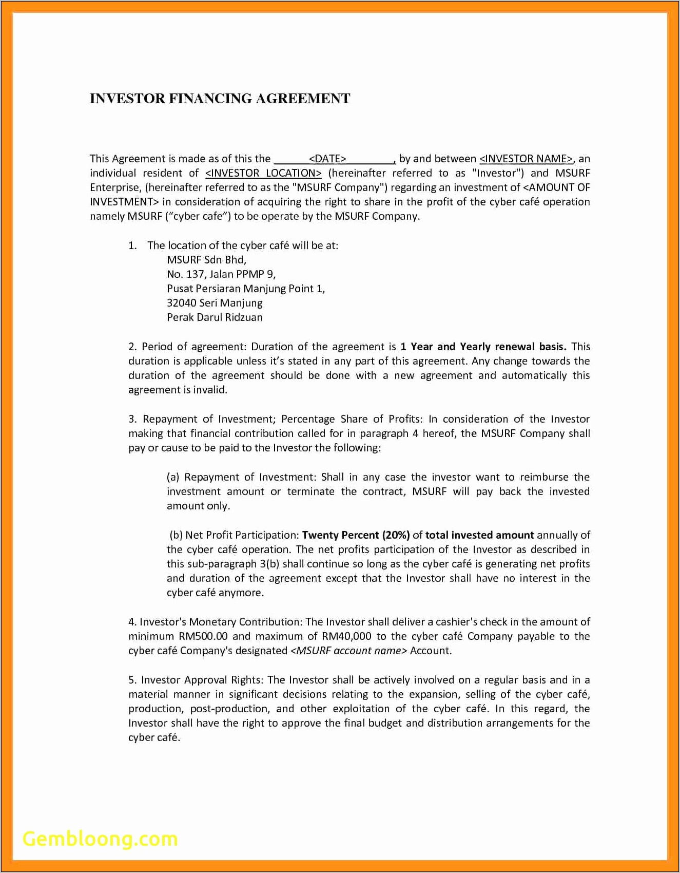 Sample Of Investment Agreement Template