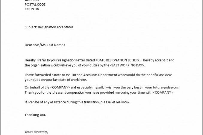 Sample Of Letter Of Resignation Acceptance