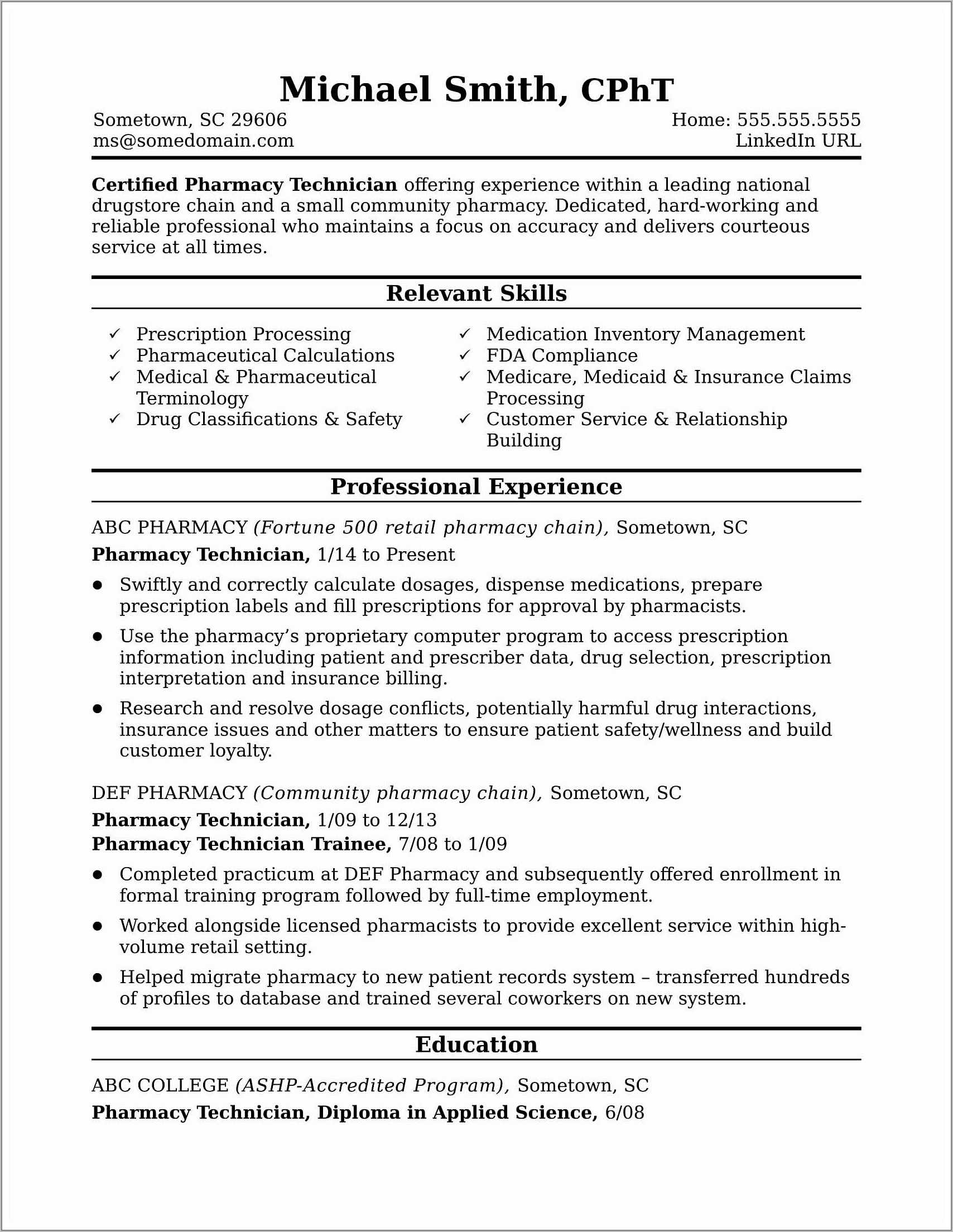 Sample Of Pharmacy Technician Resume