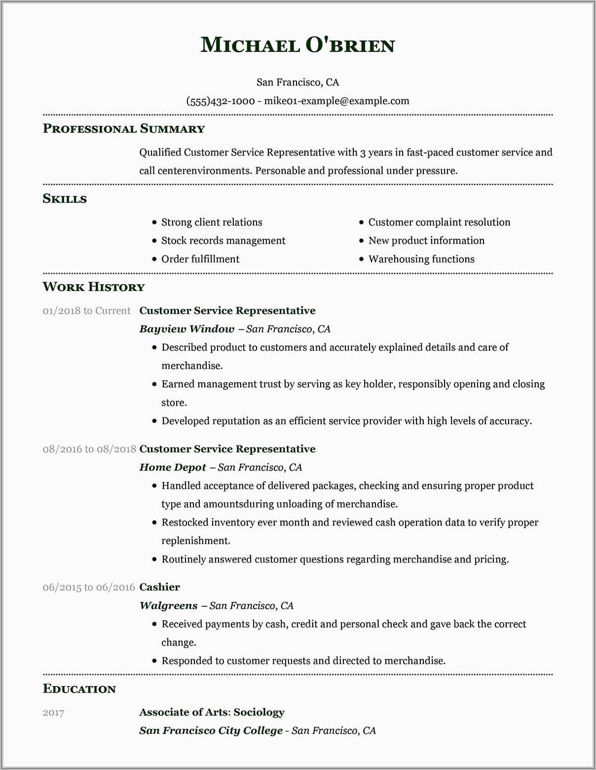 Sample Of Resume For Customer Service Representative