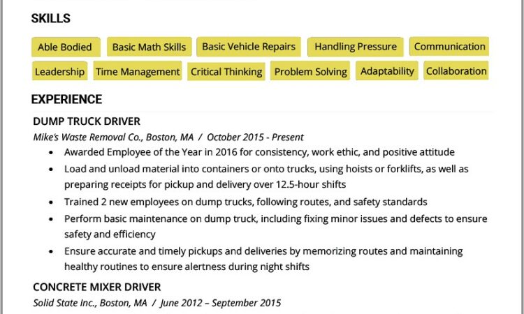 Sample Of Resume For Driver Jobs