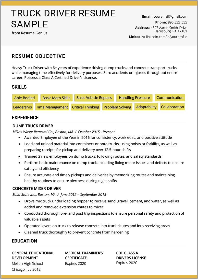 Sample Of Resume For Driver Jobs