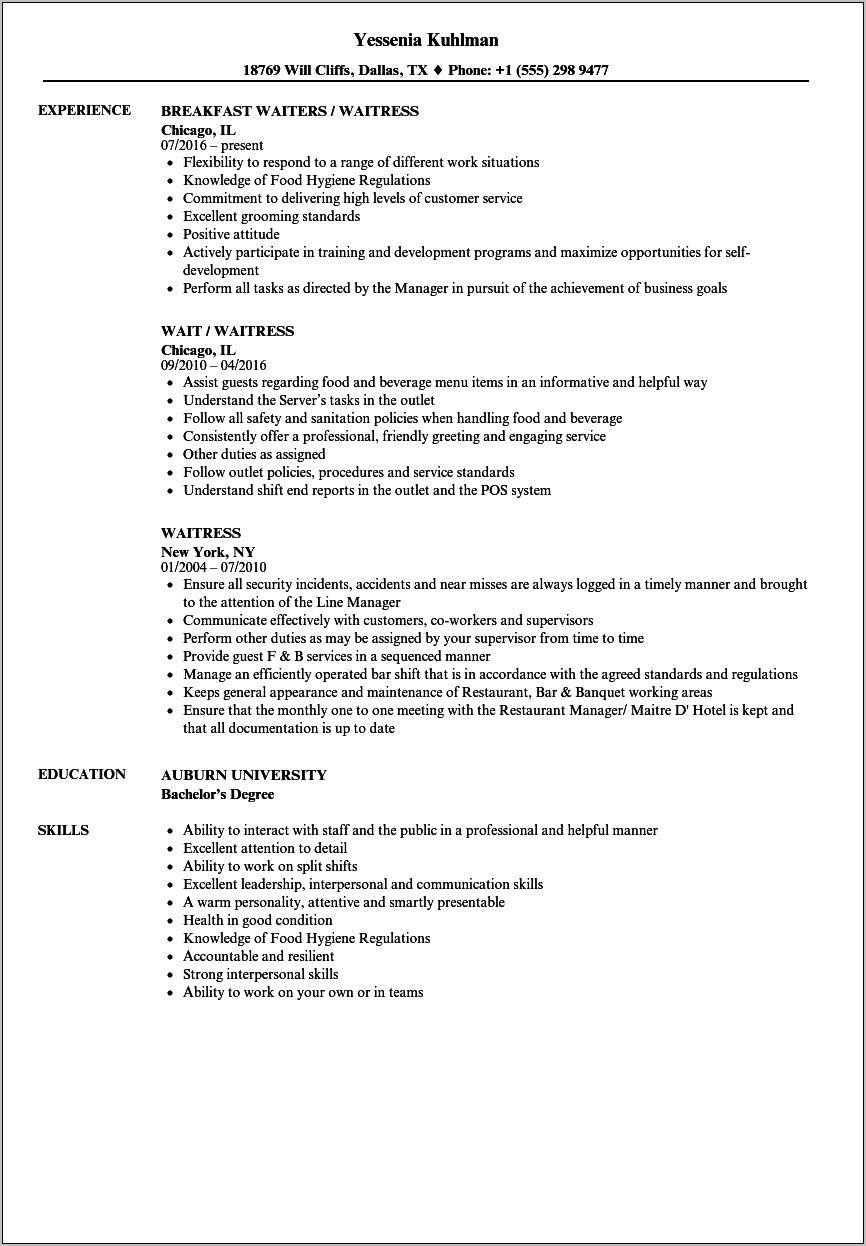 Sample Of Resume For Waitress Position