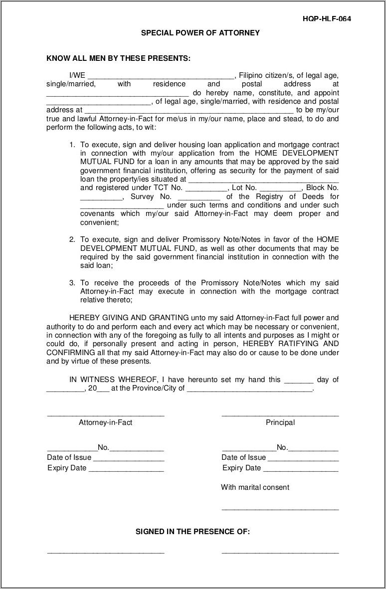 Sample Of Special Power Of Attorney Form