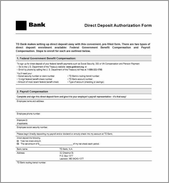 Sample Payroll Direct Deposit Authorization Form