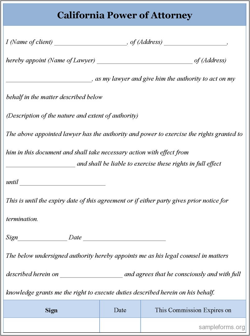 Sample Power Of Attorney Form California