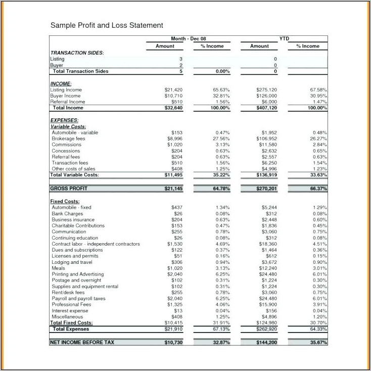 Sample Profit And Loss Statement Word Doc