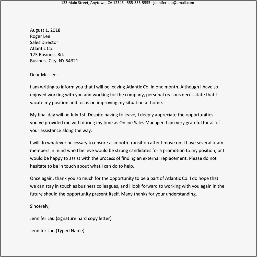 Sample Resignation Letter With Reason Doc
