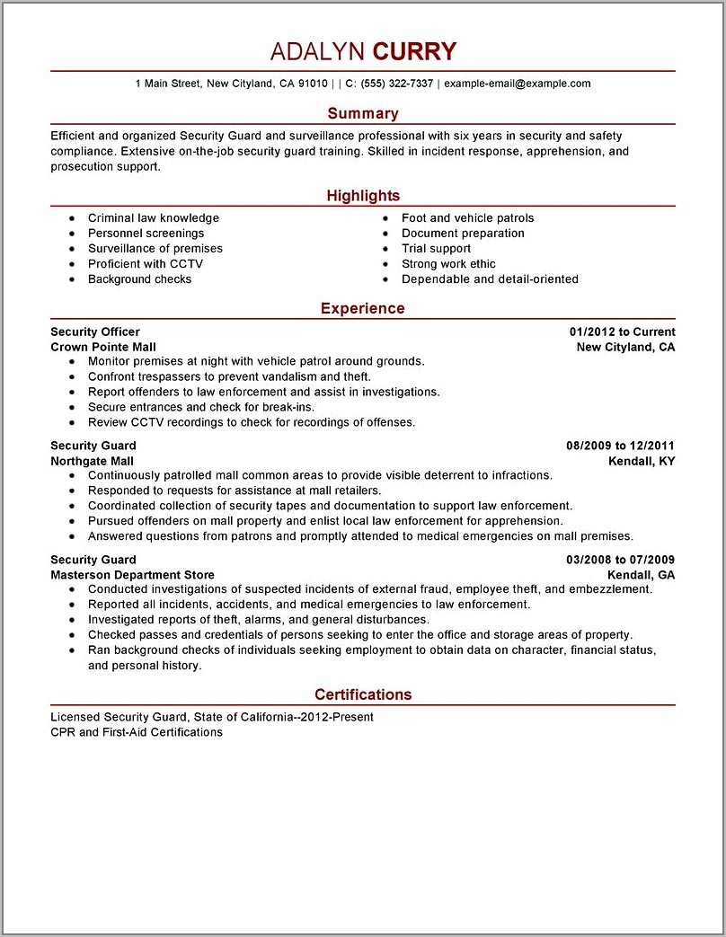Sample Resume For Armed Security Guard
