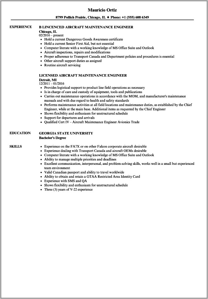 Sample Resume For Aviation Job