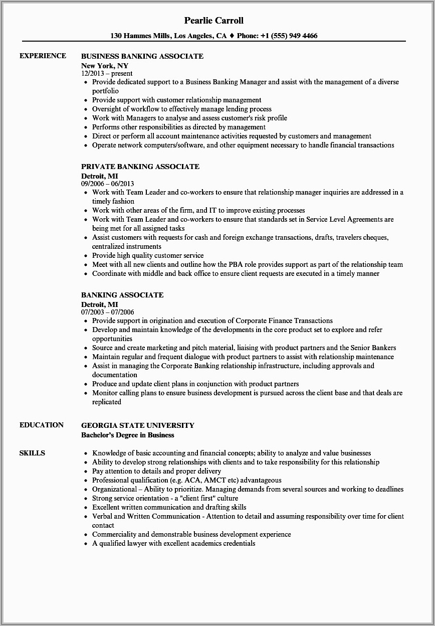 Sample Resume For Banking Experience