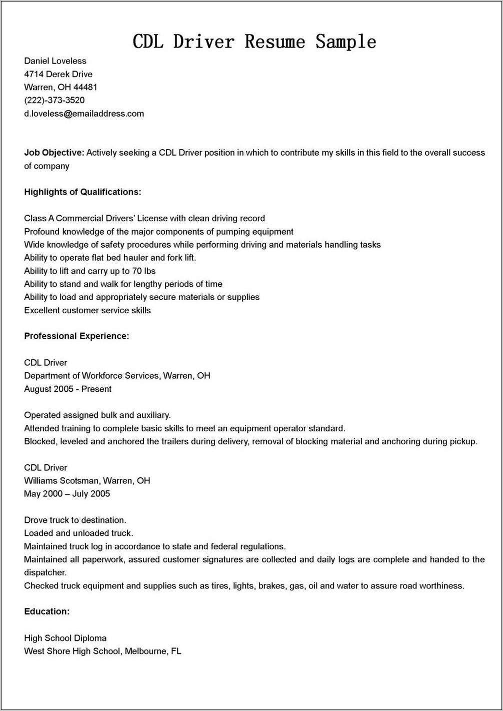 Sample Resume For Cdl Truck Drivers