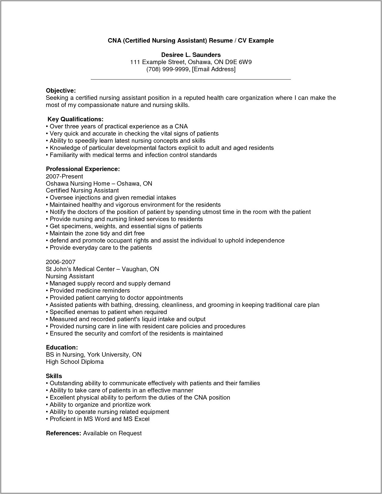 Sample Resume For Certified Nurse Assistant
