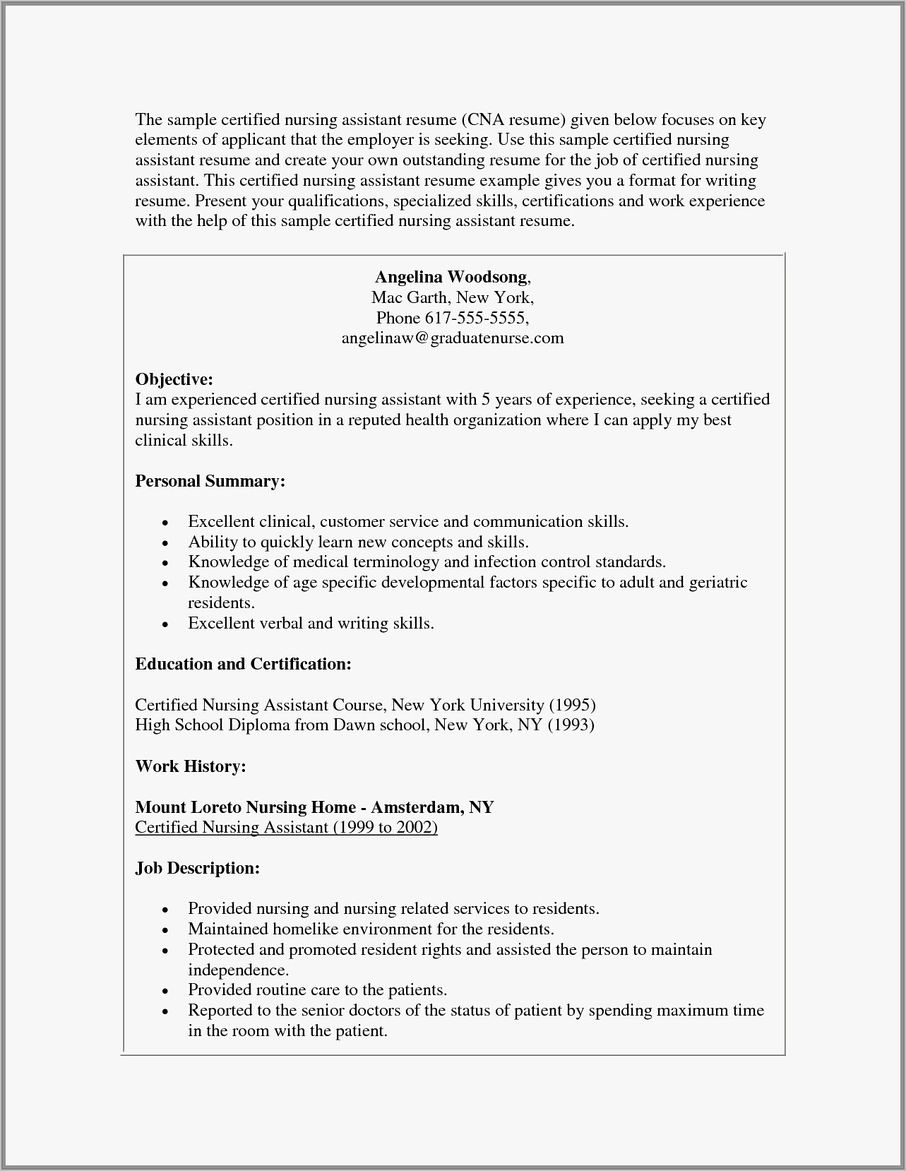 Sample Resume For Certified Nursing Assistant