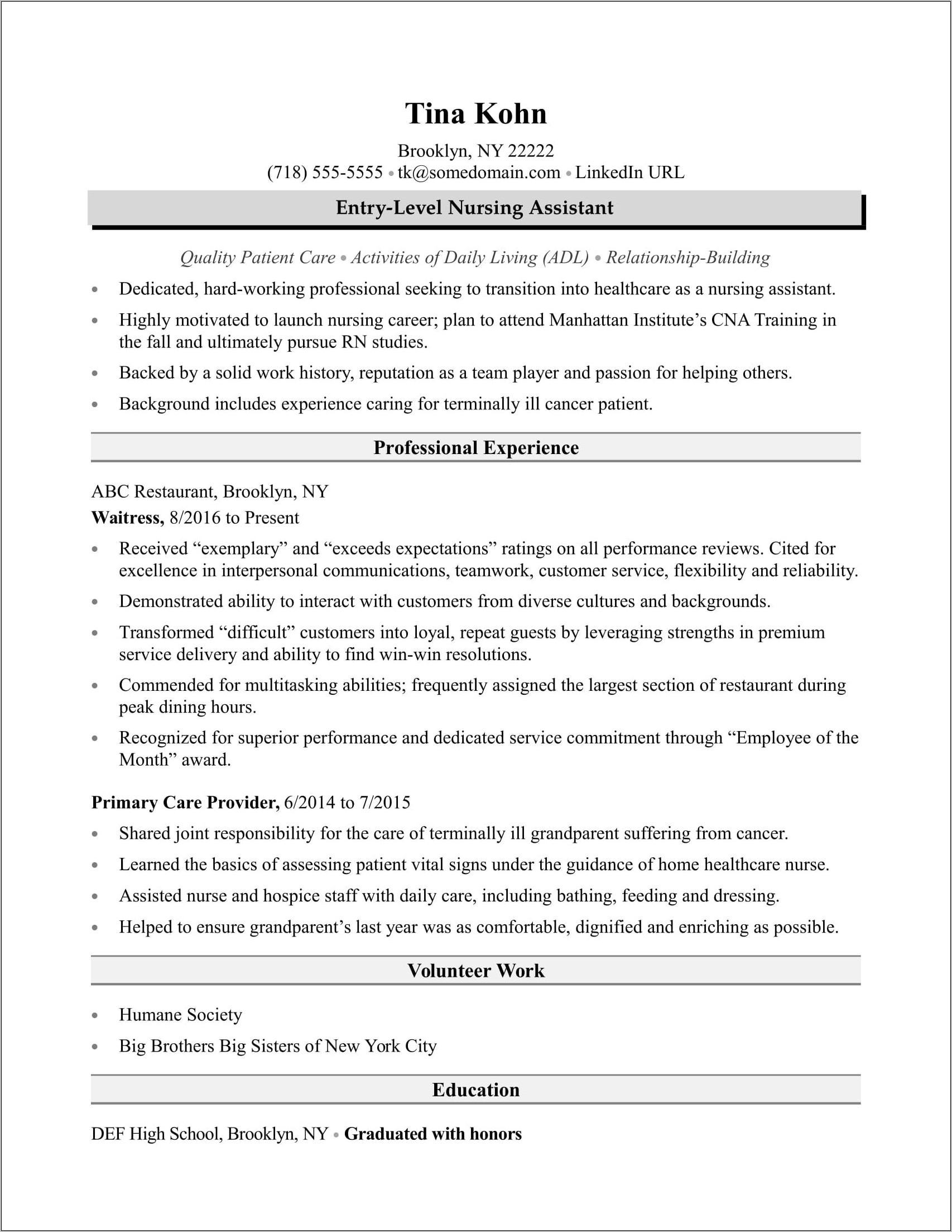 Sample Resume For Cna Entry Level