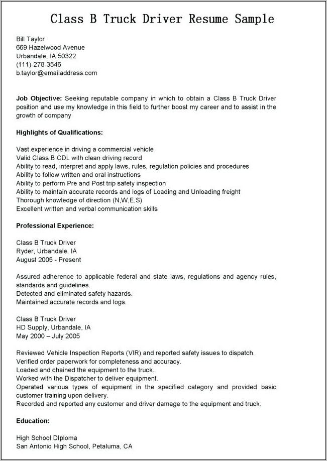 Sample Resume For Company Driver Position