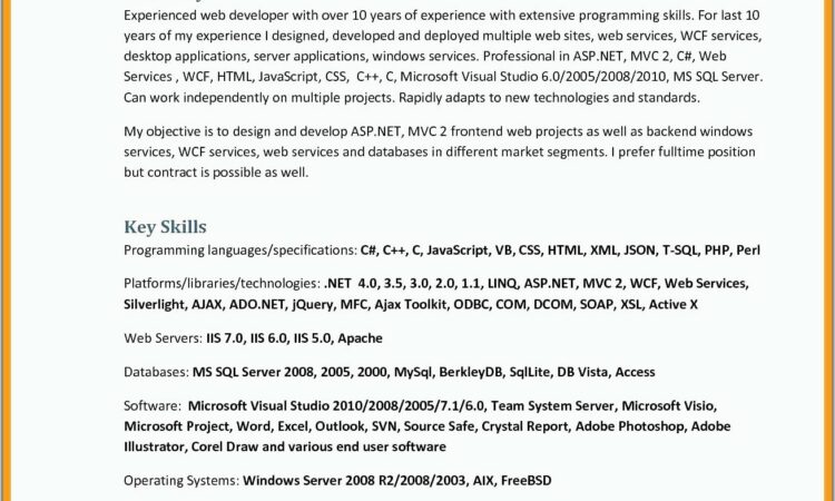 Sample Resume For Dot Net Developer Fresher