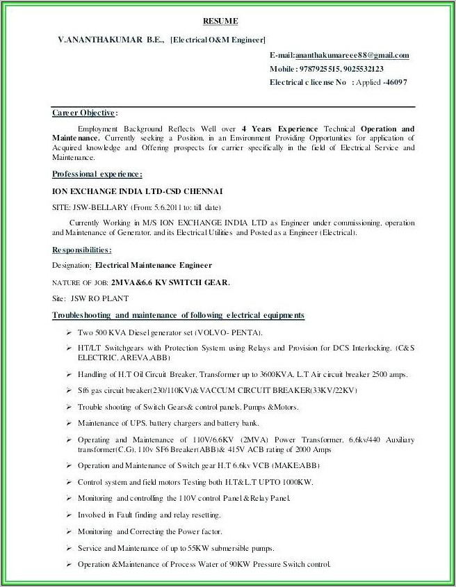 Sample Resume For Electrical Commissioning Technician