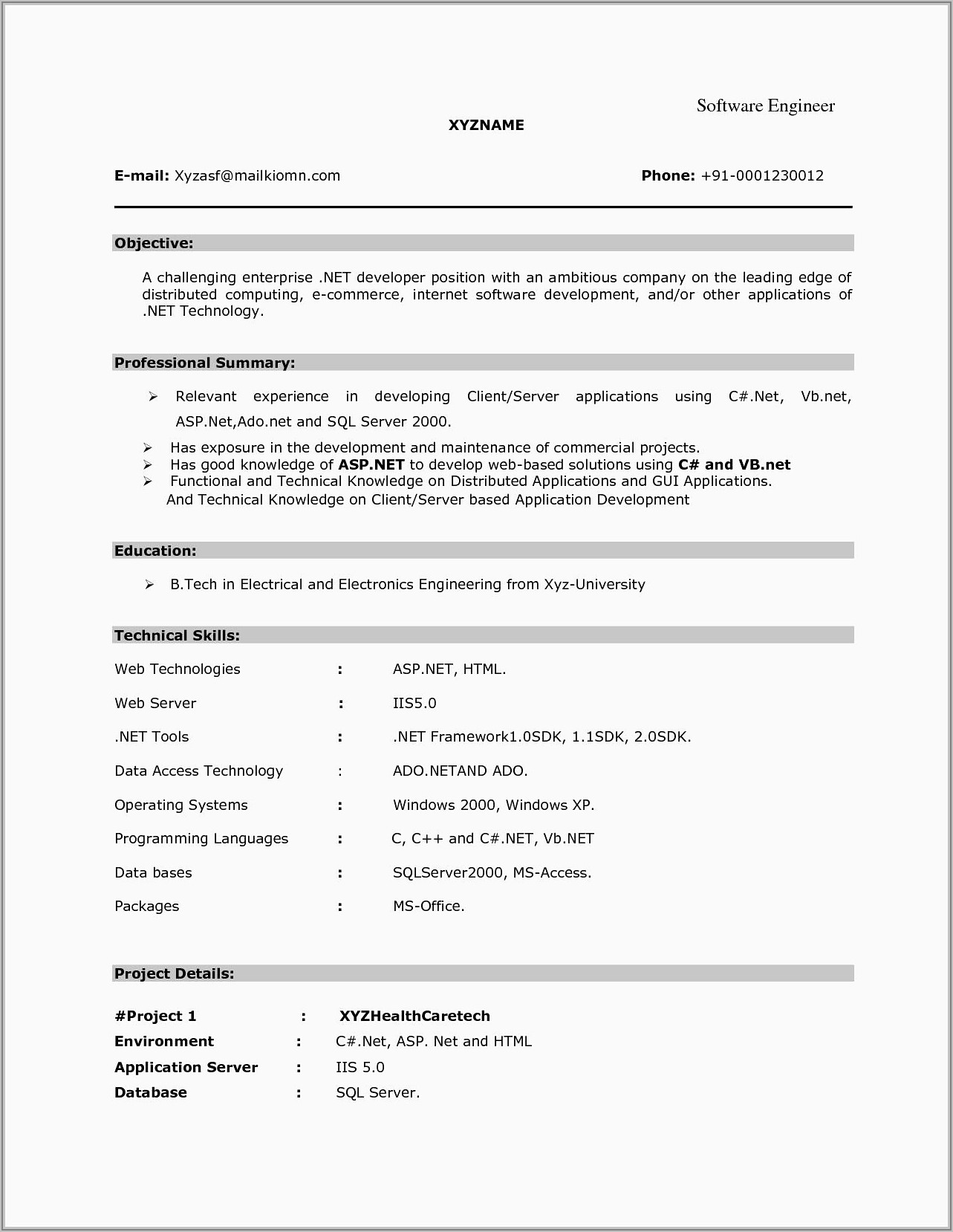 Sample Resume For Electrical Engineer Fresher Doc