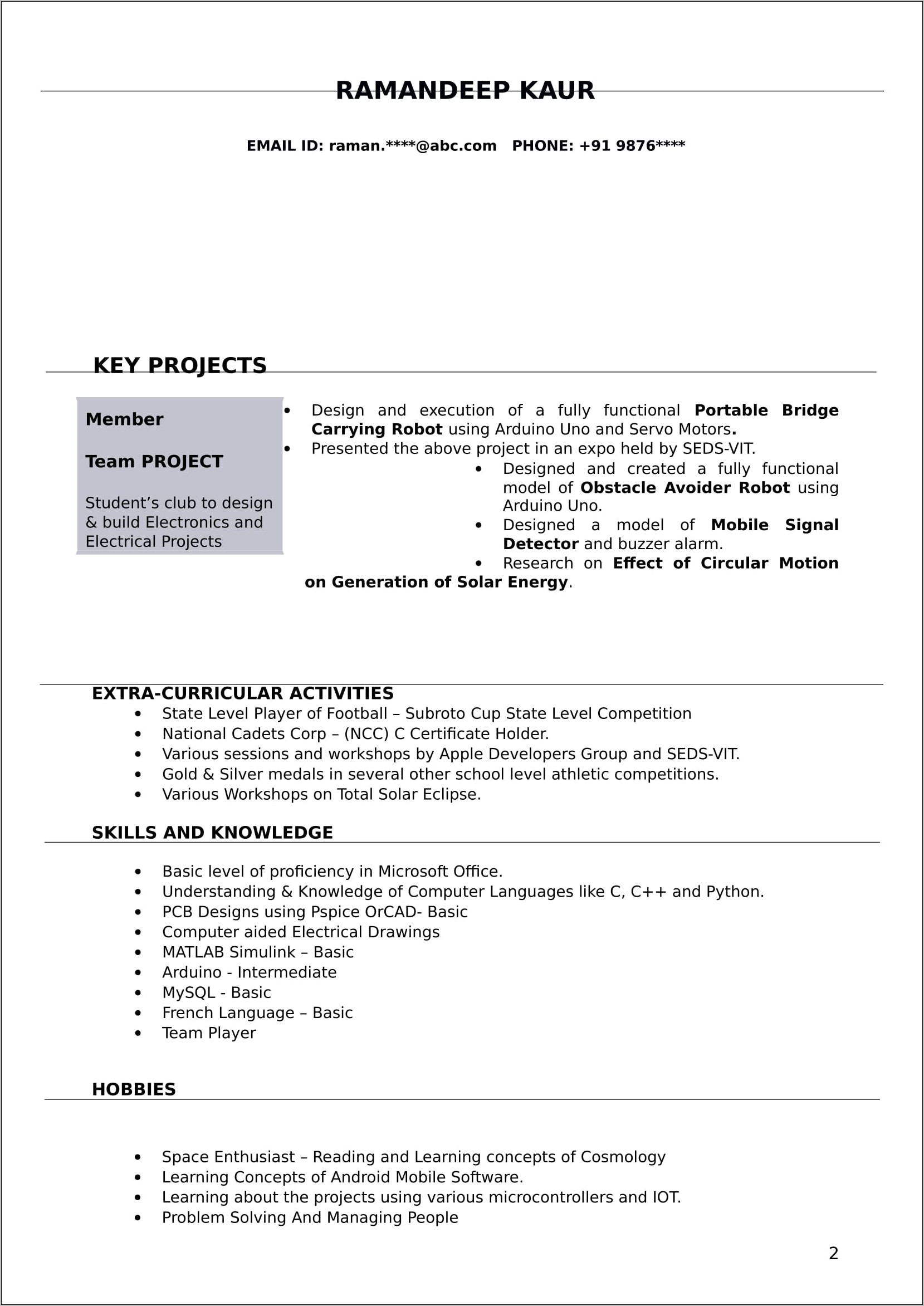 Sample Resume For Electrical Engineer In India