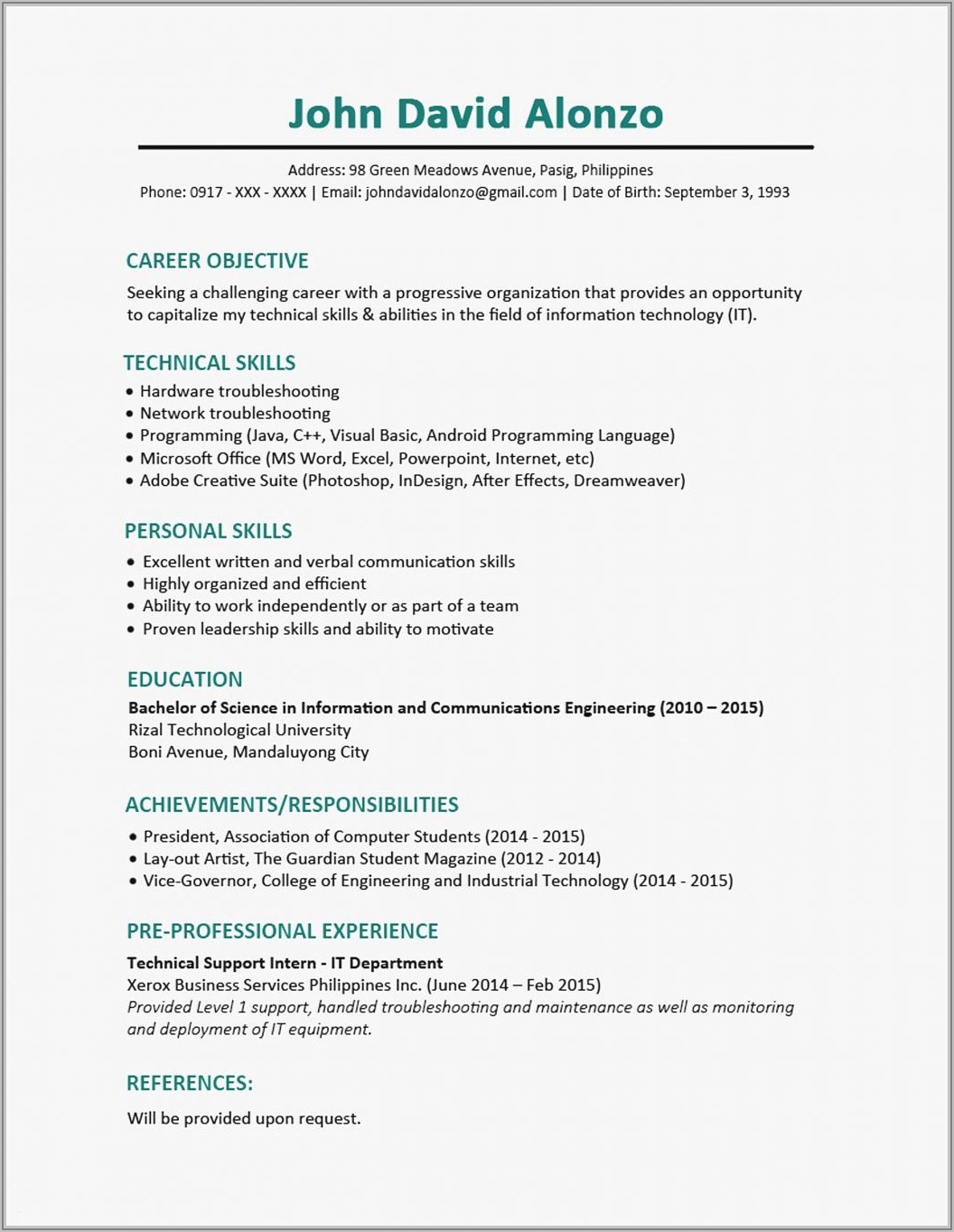 Sample Resume For Electrical Engineer Internship