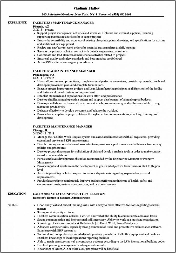 Sample Resume For Electrical Maintenance Manager