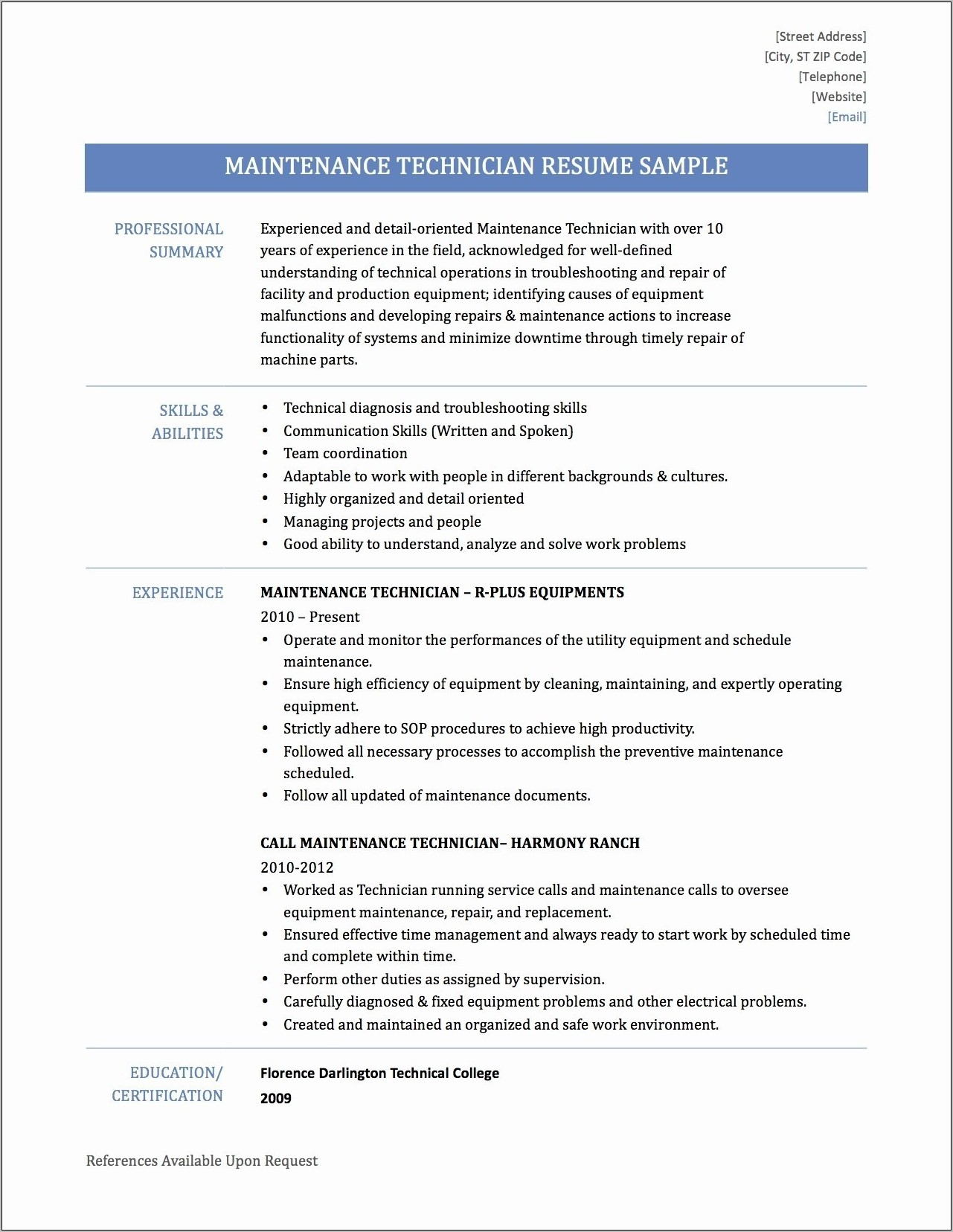 Sample Resume For Electrical Maintenance Technician