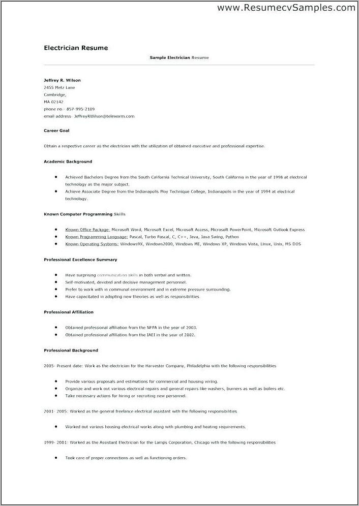 Sample Resume For Electrician Technician