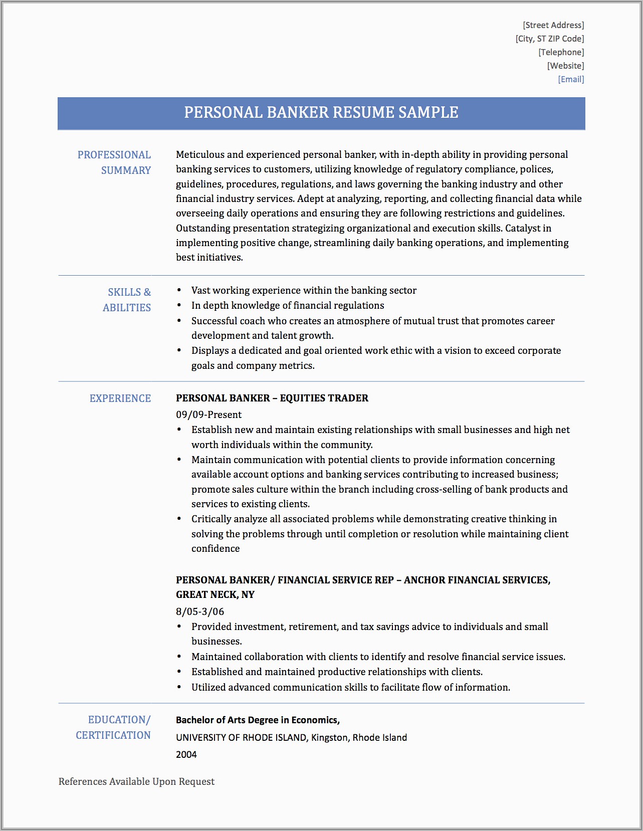 Sample Resume For Experienced Bankers