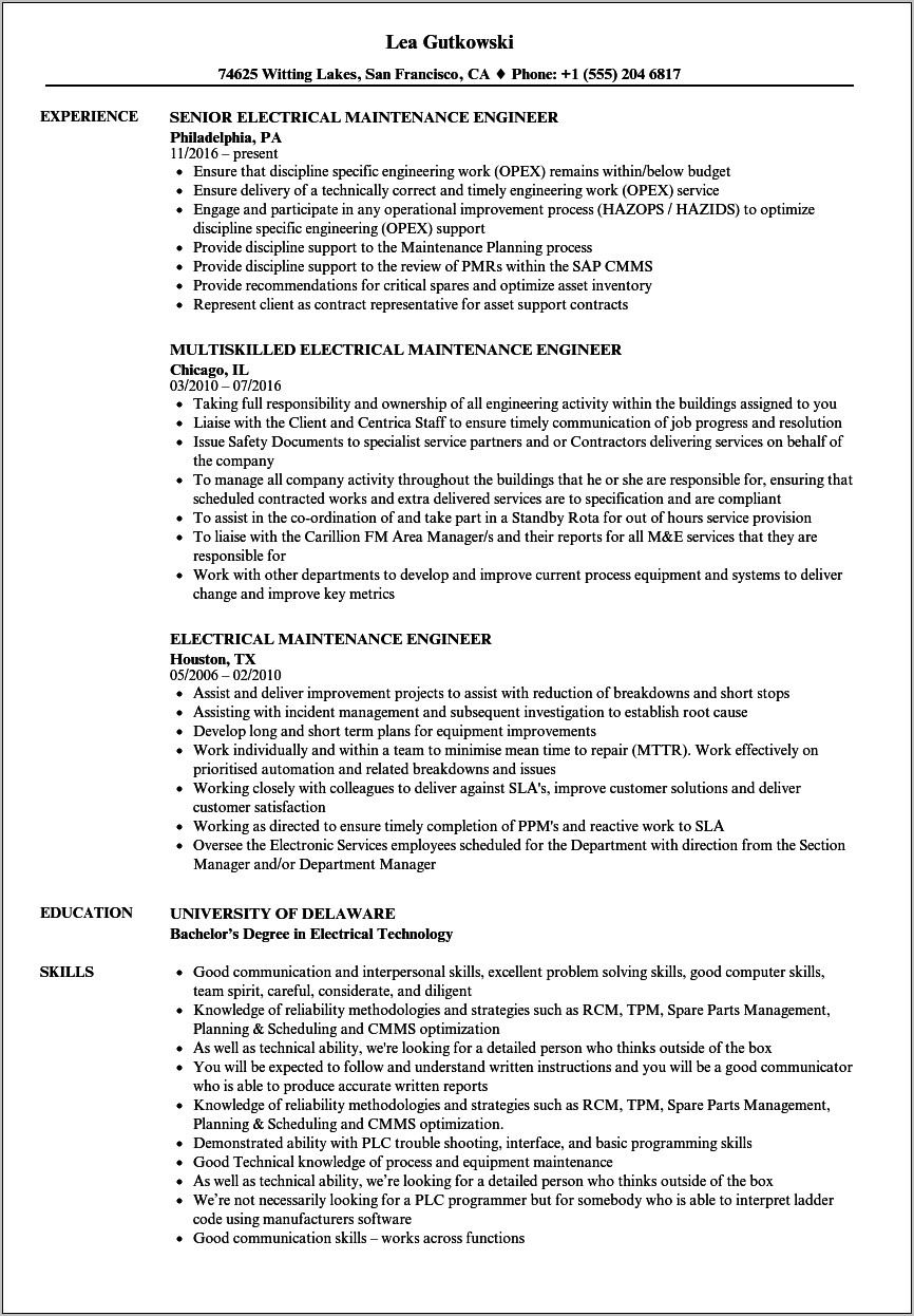Sample Resume For Experienced Electrical Maintenance Engineer