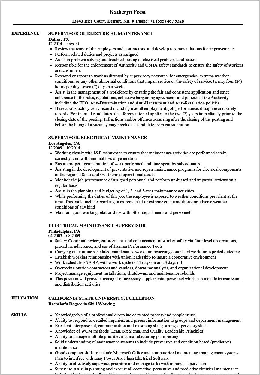 Sample Resume For Experienced Electrical Maintenance Manager