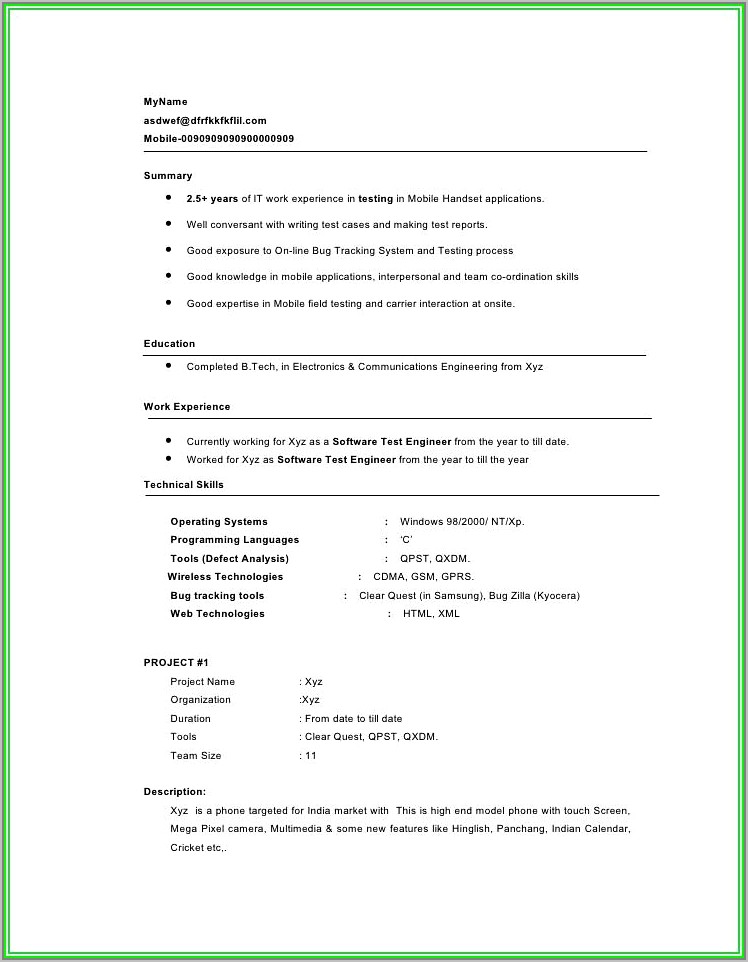 Sample Resume For Experienced Mobile Application Testing