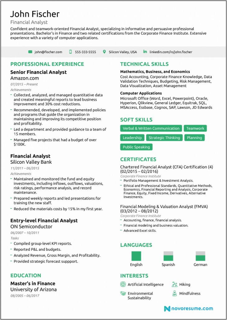 Sample Resume For Financial Analyst Entry Level