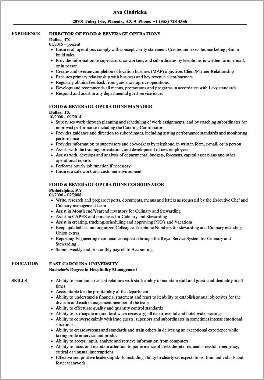 Sample Resume For Food And Beverage Coordinator