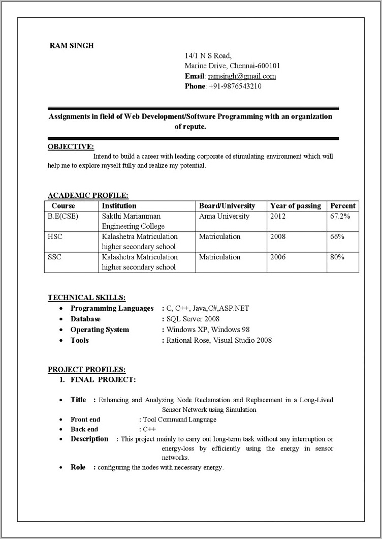 Sample Resume For Freshers Engineers Doc