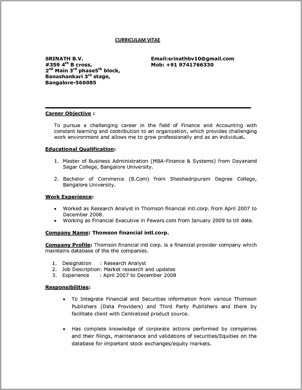 Sample Resume For Freshers Mba Finance